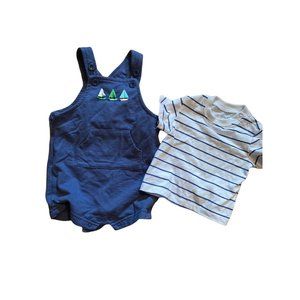 Little Me Baby Boy 6 months sailboat overall outfit striped shirt blue white